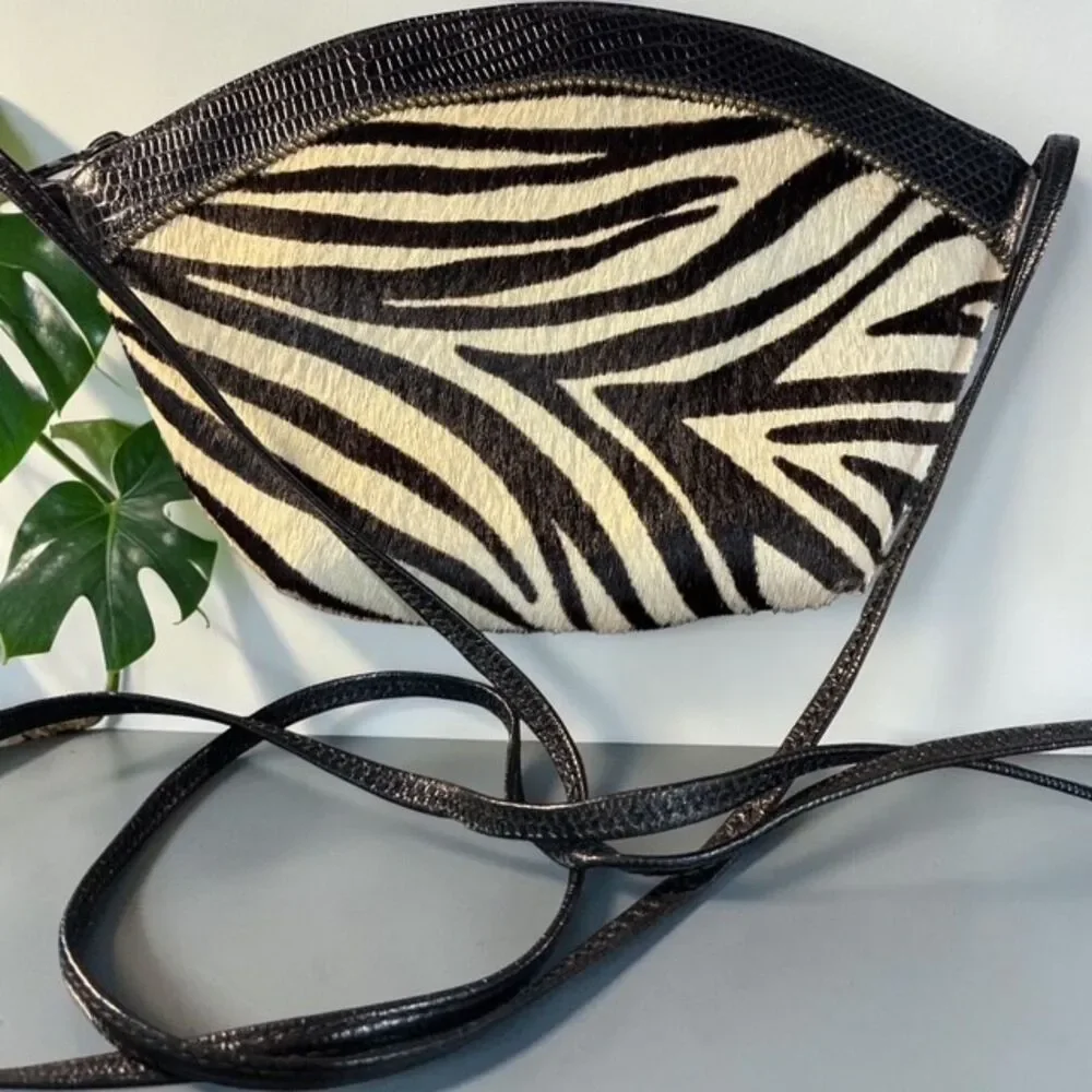 Sharif VINTAGE NY Zebra Calf Hair Crescent Crossbody Bag - EUC